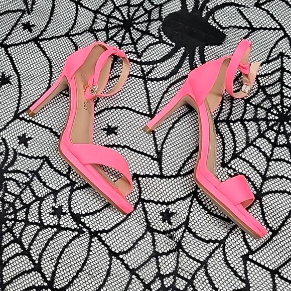 Neon Pink Suede Open Toe Heels - Picture 3 of 10